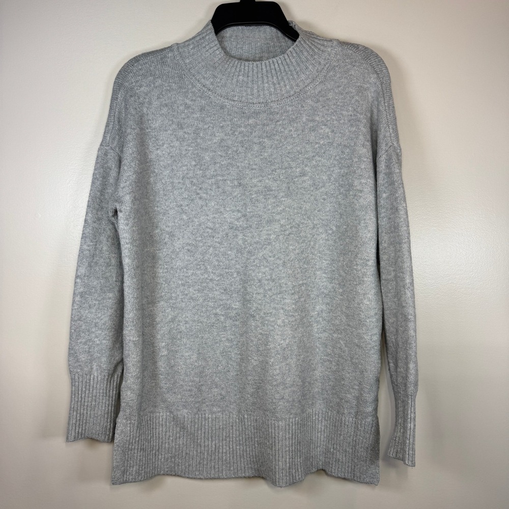 Loft Knit Sweater Womens S Gray Mock Neck Long Sleeve Cotton Blend Minimalist